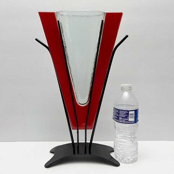 Vintage Postmodern Memphis Style Red Clear Art Glass Vase and Metal Stand - Picture 2 of 14